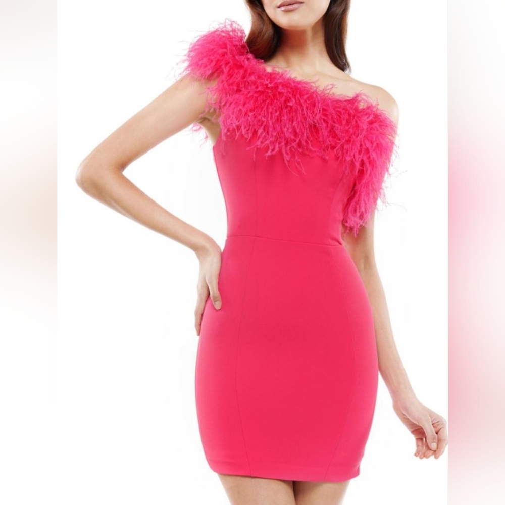 One-Shoulder Feather Trim Bodycon Dress - Hot Pink
